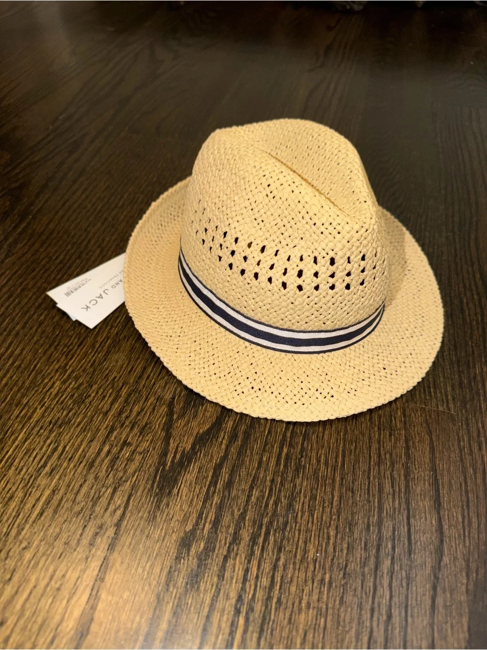 Baby Straw Fedora Hat with Navy Stripe Band - Beige